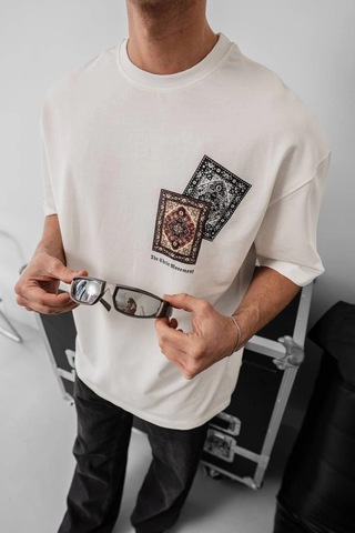 Barlashive Erkek Yazlık Bisiklet Yaka Baskılı Regular Fit Tişört Kısa Kol T-shirt - Beyaz Çok Renkli