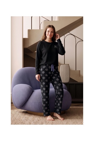 Nisanca Premium Soft Waffle Kadın Pijama Takımı Yumuşak Dokulu Sıcak Tutan Kışlık Uzun Kollu Pijama Siyah