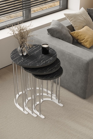 3' Lü Zigon Sehpa Gümüş Ayak Siyah Mermer 18 Mm Mdf Gümüş - Beyaz Mermer