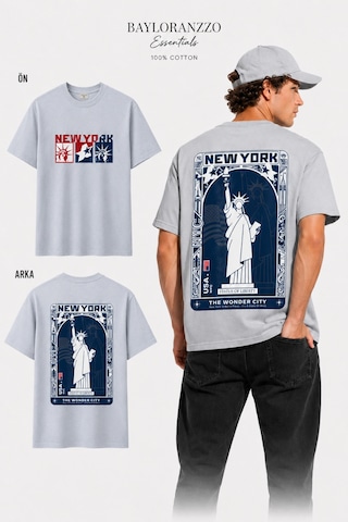 Bayloranzzo New York %100 Pamuk Heavy Cotton Premium Kalite Unisex Tişört Gri