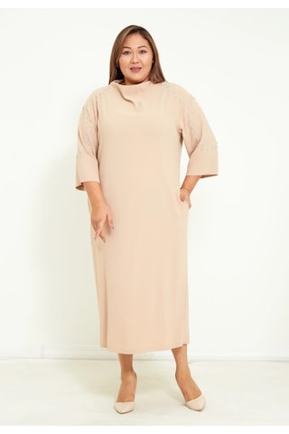 Modatalika Kadın Truvakar Kol Taş Aksesuar Detaylı Maxi Tasarım Elbise Bej