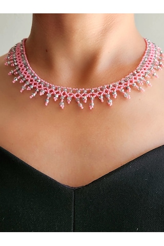 Etnik Bohem Pembe Gümüş Salkım Model Kum Kristal Boncuk Kolye El Yapımı Pembe