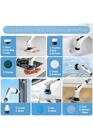 Cevval Jy-6010 Elektrikli Spin Scrubber - 7 Başlıklı Teleskopik Saplı Turbo Temizlik Fırçası Banyo, Mutfak, Araç Uyumlu