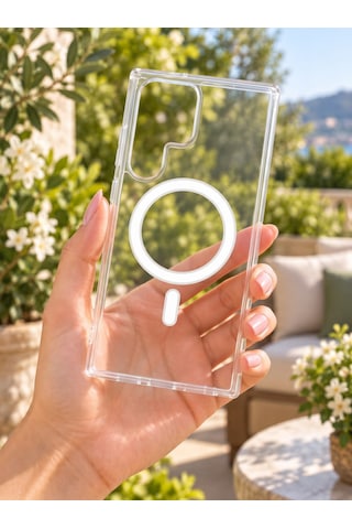 Samsung Uyumlu S24 Ultra Güçlendirilmiş Magsafe Şarj Özellikli Sararmaz Kristal Sert Kapak Kılıf Ve Kırılmaz Ekran Koruyucu Beyaz Şeffaf