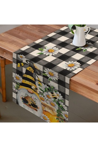 Bahar Arı Gnome Masa Koşucu, Bal Siyah Beyaz Ekose Kontrol Ev Mutfak Yemek Dekor