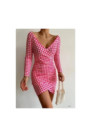 Angbutik Kadın Modern Tasarım V Yaka Standart Kol Elbise Pembe