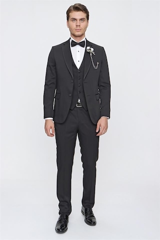 İmza Siyah Desenli Armürlü Mono Yaka Astarlı Yelekli 6 Drop Slim Fit Dar Kesim Smokin Damatlık 1001220201-Siyah