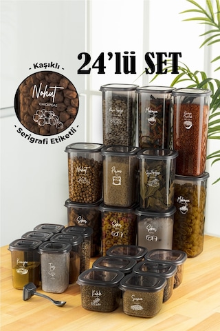 Vienev 24lü Beyaz Serigrafi Etiketli Kaşıklı Peggy Kare Erzak Baharat Full Set 6x 1,75 1,2, 0,55, 0,45 Ant Şeffaf