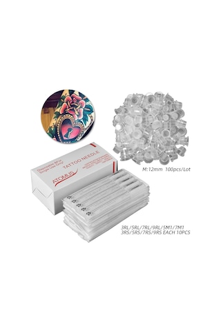 Geeksen 100'li Dövme İğnesi Seti - 10 Farklı Uç Çeşidi + 100 Adet Mürekkep Kabı 3rl/5rl/7rl/9rl/3rs/5rs/7rs/9rs/5m1/7m1