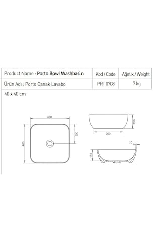 Turavit Porto PRT0708 Lavabo Çanak 40 x 40 CM