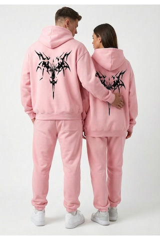 Nevermind Unisex Oversize Hoodie Grafik Sembol Baskılı Pembe
