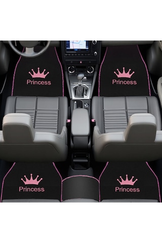 Prenses Gibi Arabana Hava Kat Taç Desenli Pembe Nakışlı 5 Li Oto Halı Paspas Seti