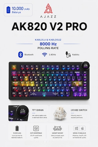 Ak820 V2 Pro 8k+8k Ekranlı Mekanik Oyun Klavyesi-10.000 Mah Batarya