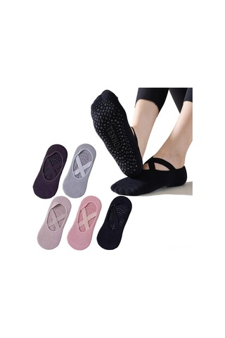 Jeehugo Kadınlar İçin 5 Çift Yoga Çorapları - İç Mekan Pilates Sporu, Zemin Kullanıma Uygun, Düz Renk, Ayak Bileği Bağcıklı Egzersiz Çorapları Diğer