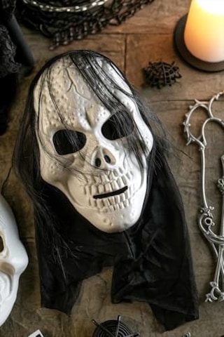 Halloween Maske İskelet Kuru Kafa Tüllü Siyah Beyaz
