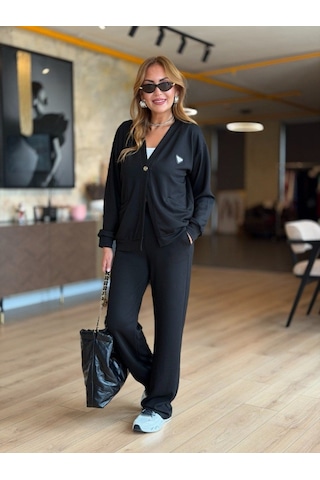 Veraura Lifestyle Kadın Modal Kumaş Arma Detay Hırka Pantolon Ikili Takım Siyah