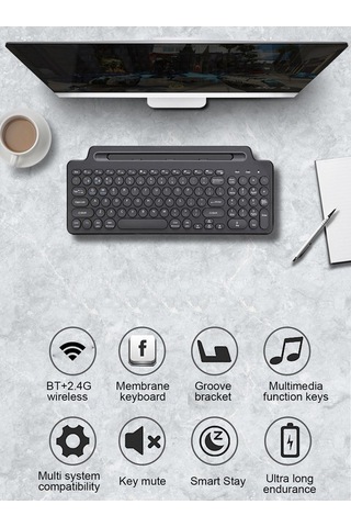 Dancemonkey Bluetooth Klavye 2.4ghz Masaüstü Ultra İnce Klavye Tablet Cep Yuvası Siyah