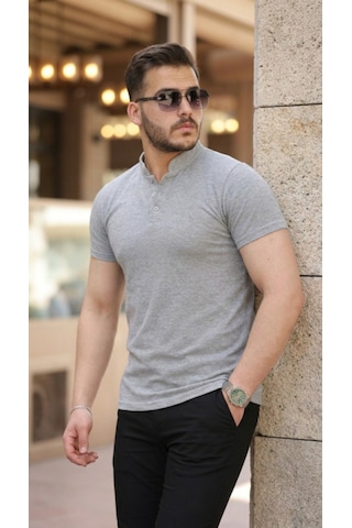 Efnaz Style Erkek Hakim Yaka Dokuma Pamuklu Kumaş Kısa Kollu T-shirt Gri
