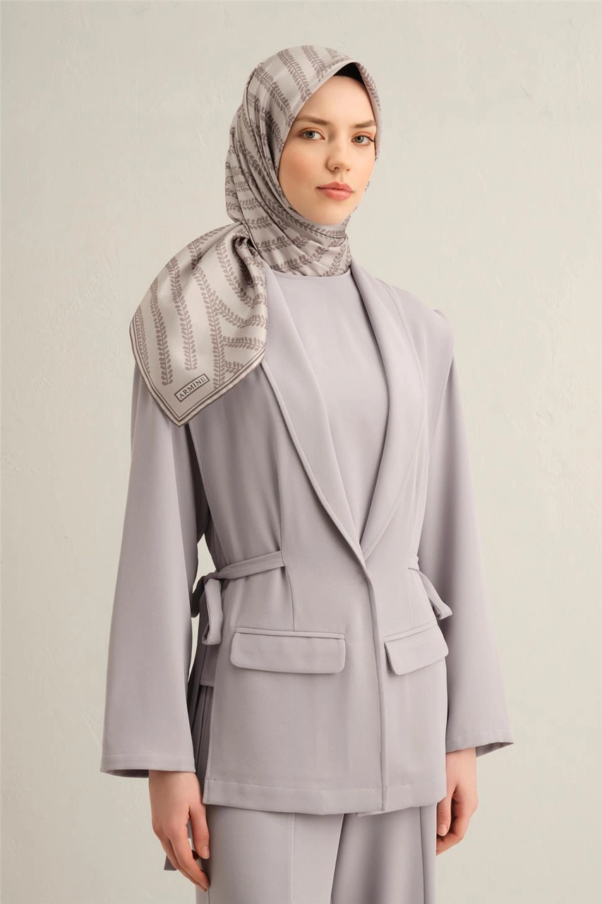 Armine Klasik Desenli Saf İpek Twill Eşarp 9351d 51 Gri
