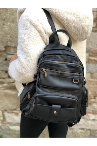 Lebina Siyah Yıkanmış Deri Kadın Sırt Çantası Siyah