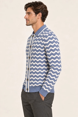 Tarz Cool Erkek Polo Yaka Zikzak Desenli Düğmeli Triko Hırka Akrilik Karışımlı Slim Fit Mavi