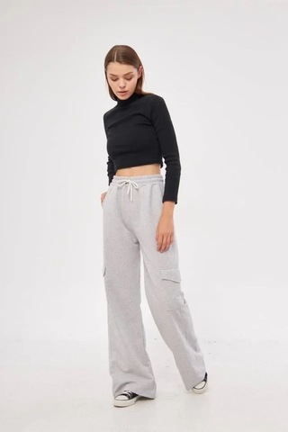 Valensdesign Yüksek Bel Kargo Cepli Palazzo Pantolon Oversize Bol Paça İki İplik Rahat Kesim - Gri