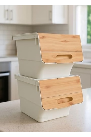 2'li Bambu Patates Soğan Sepeti Tekerlekli Kapaklı Havalandırmalı 24 Litre Sebzelik Organizer Çok Renkli