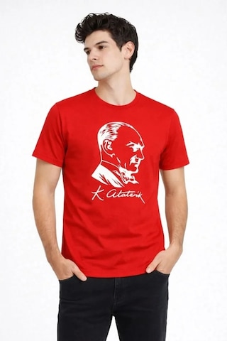 De'charme Erkek Atatürk Baskılı Tişört Kısa Kollu Bisiklet Yaka T-shirt - Kırmızı