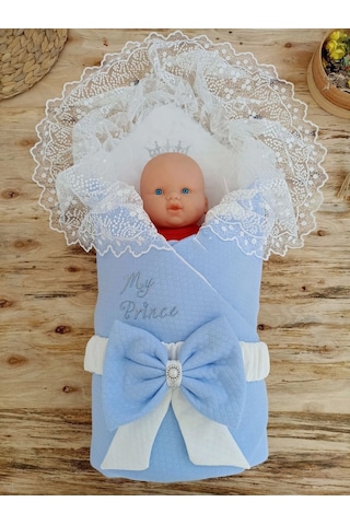 Bal Peteği My Prince Taç Nakışlı İnci Fiyonklu Dantel Duvaklı Delüks Kundak Bebek Battaniyesi Mavi