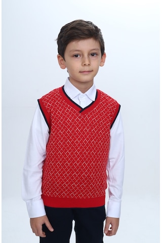 Toontoy Kids Toontoy Erkek Çocuk Regular Fit V Yaka Kare Desenli Okul Süveter - Garni & 2 İplik Kırmızı
