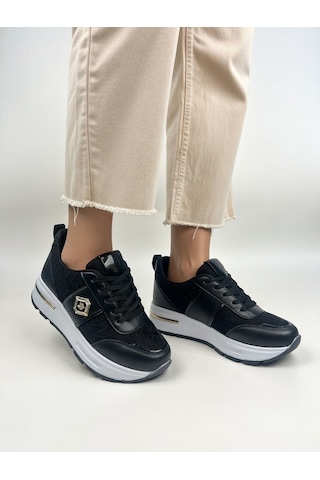 Nstil Kadın Dantel Ve Gold Detaylı Kalın Taban Günlük Sneaker Ayakkabı 0873 Siyah-Beyaz