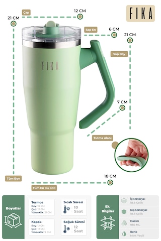 Fika Lumi Patentli Döner Kulplu Sızdırmaz Çift Ağızlıklı Çelik Termos 950 Ml Mint Yeşili