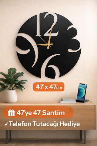Dekoratif Sessiz Siyah Metal Duvar Saati 47x47cm Metal Telefon Tutacağı Hediyeli