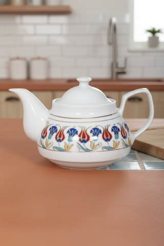 Altın Yaldızlı Porselen Demlik Kırmızı Lale Desen 650 Ml Beyaz