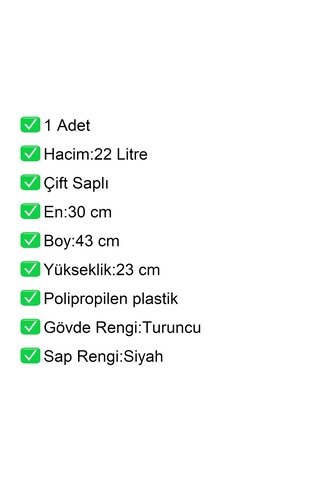 Plastik Alışveriş El Sepeti Çift Saplı 22 Litre Turuncu 1 Adet / En:30 Boy:43 Yükseklik:22 Cm Turuncu