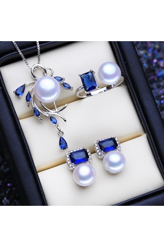 Siyah Lsooyh Doğal Tatlı Su Inci Kolye Kübik Zirkonya Mavi Kristal Çiçek Küpe Yüzük Kadınlar Için Inci Takı Setleri Siyah