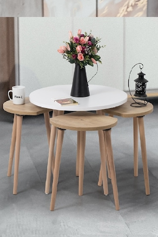 Pissa / Orta Sehpa / Sehpa Seti / Sehpa Takımı / 5 Parçalı Sehpa Seti Beyaz+meşe