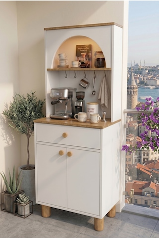 Galata Led Aydınlatmalı Kahve Köşesi Çok Amaçlı Mutfak Dolabı Konsol Beyaz