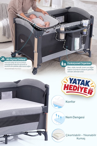 Prego Elips Plus Anne Yanı Park Yatak Oyun Parkı Sallanır Beşik Kolay Katlanır Aliminyum Kasa + Yatak Hediyeli