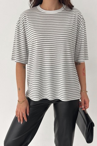 Noa & Noa Kadın Oversize Çizgili Tişört Monochrome Ease Beyaz