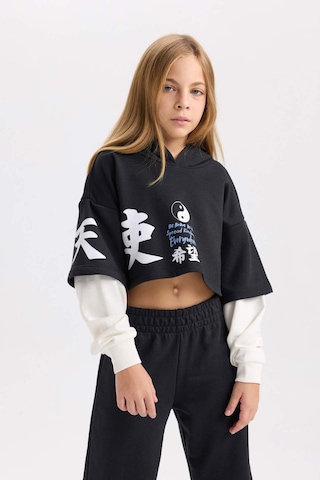 DeFacto Kız Çocuk 2'li Takım Bisiklet Yaka Baskılı Sweatshirt Beli Lastikli Jogger Eşofman Altı D4066A824WNBK26 Siyah