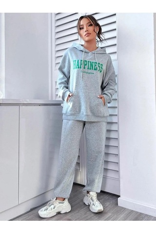Kadın Gri Happiness Alt Üst Eşofman Takımı Oversize Kapüşonlu Gri