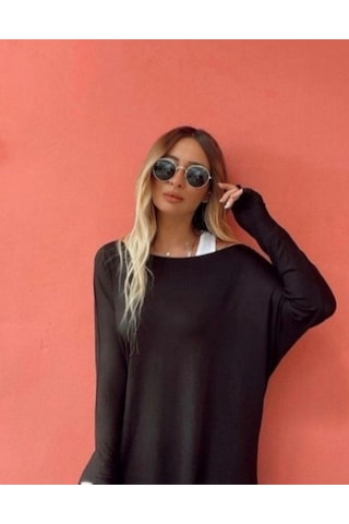 Tua Moda Kadın Uzun Kollu Tek Omuzdan Açık Çilek Bluz Ve Viskon Atlet Ikili Takım Siyah