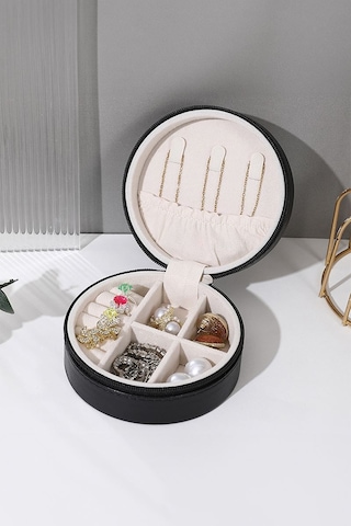 Chavin Siyah Deri Seyahat Yüzük Küpe Kolye Takı Kutusu St1-68sy