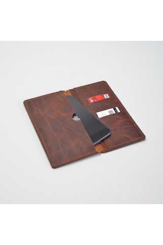 El Yapımı Hakiki Deri Telefon Cüzdanı - Tüm Modellere Uyumlu - 6 Kartlıklı - Tobacco Toscano Koyu Kahve
