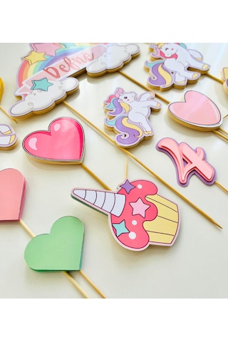 Unicorn Temalı İsme Özel Kız Çocuk Doğum Günü Pasta Süsü Seti