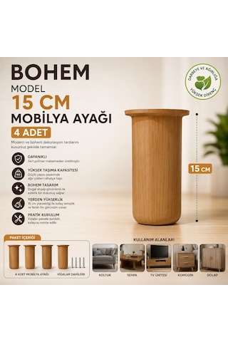 Bohem Model 15 Cm Mobilya Ayağı Söğüt Rengi Sert Polimer Koltuk Dolap Tv Ünitesi Ayağı-4 Adet Krem