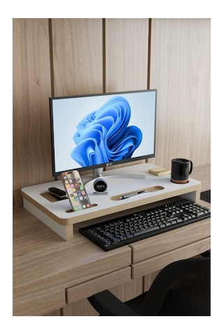 Ergonomik Mdf Monitör Standı Ekran Yükseltici Masaüstü Düzenleyici Organizer Telefon-bardak Bölmeli