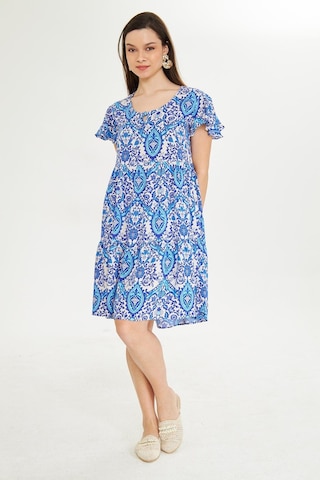 Mavi Yuvarlak Yakalı Kısa Mendil Kol Etnik Otantik Desenli Rahat Kesim A-line Kısa Elbise Mavi-beyaz