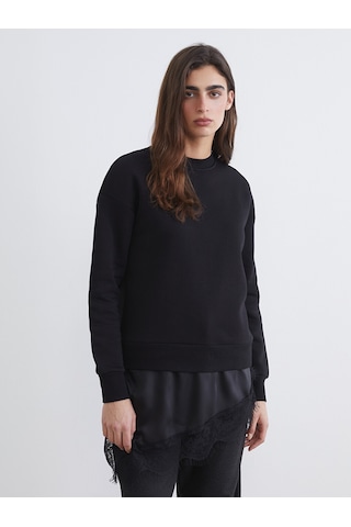 Lcw Vision Siyah Dantel Detaylı Oversize Kadın Kalın Sweatshirt